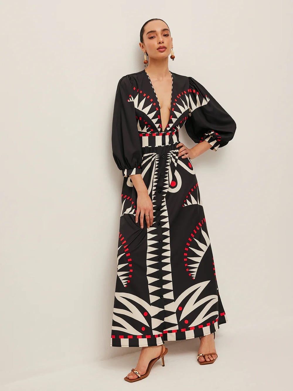 COMMENSE Boho Print V-Neck Split Dress - size Medium - Picture 6 of 8